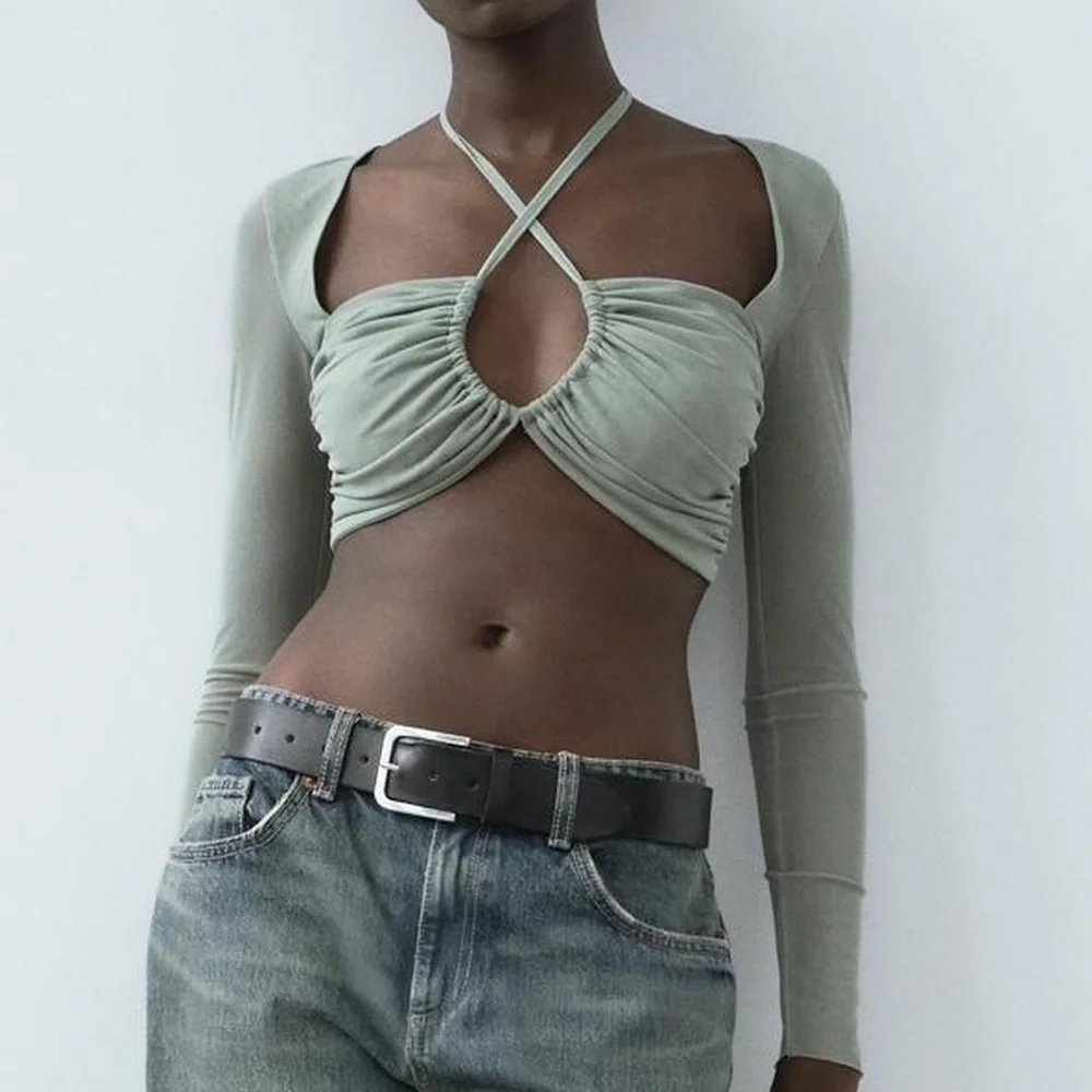ZARA TULLE RUCHED CROP TOP NWT Long Sleeve Crisscross Straps M